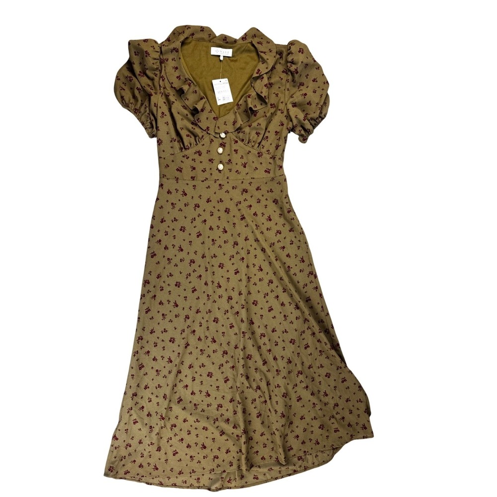 Wayf Olive Green Midi Dress with Burgundy Floral Print